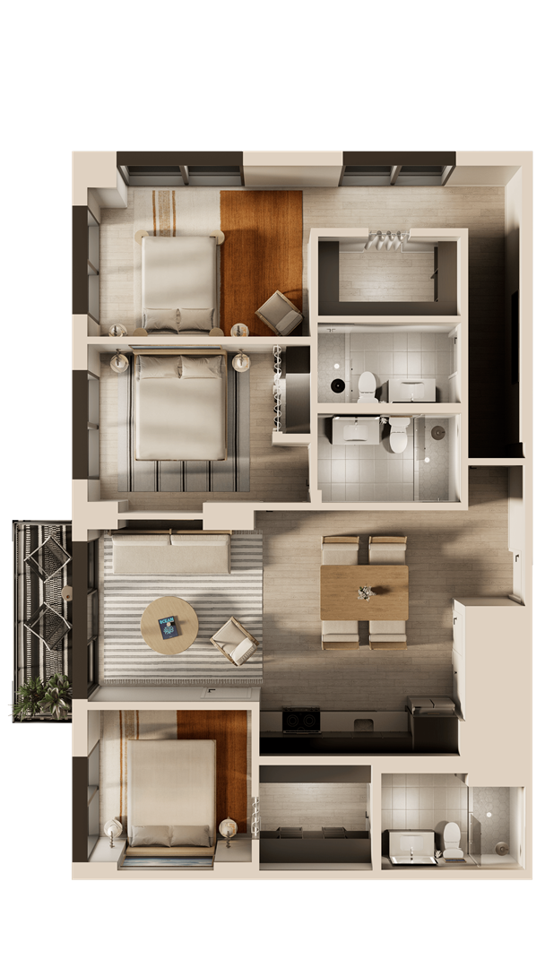 A top-down view of a modern apartment layout.